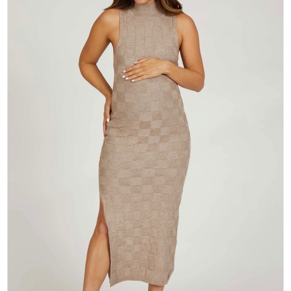 Pinkblush Mocha Checkered Mock Neck Maternity Maxi Dress